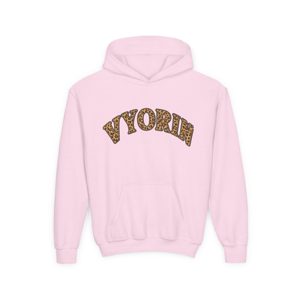 Youth Hoodie with Leopard Print 'VYORIN' Arch Logo - Trendy Kids Pullover