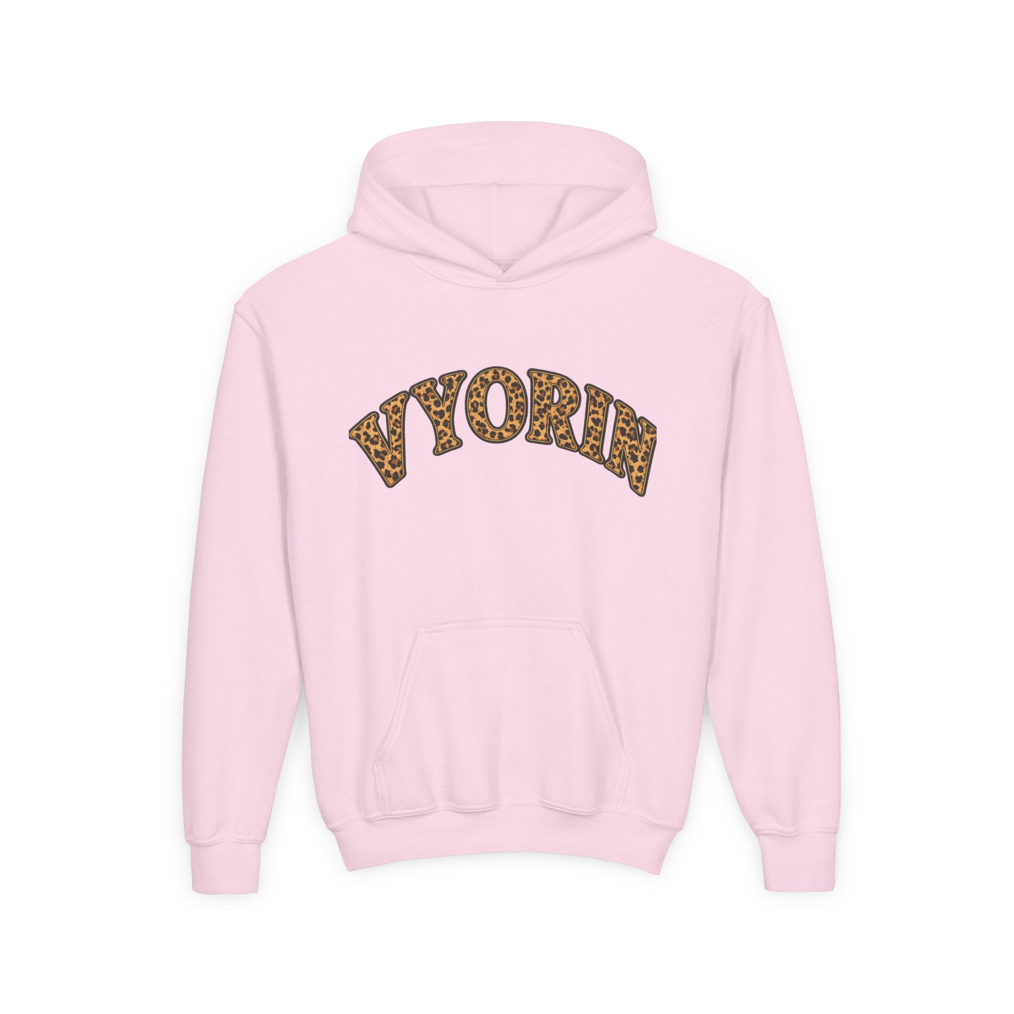 Youth Hoodie with Leopard Print 'VYORIN' Arch Logo - Trendy Kids Pullover