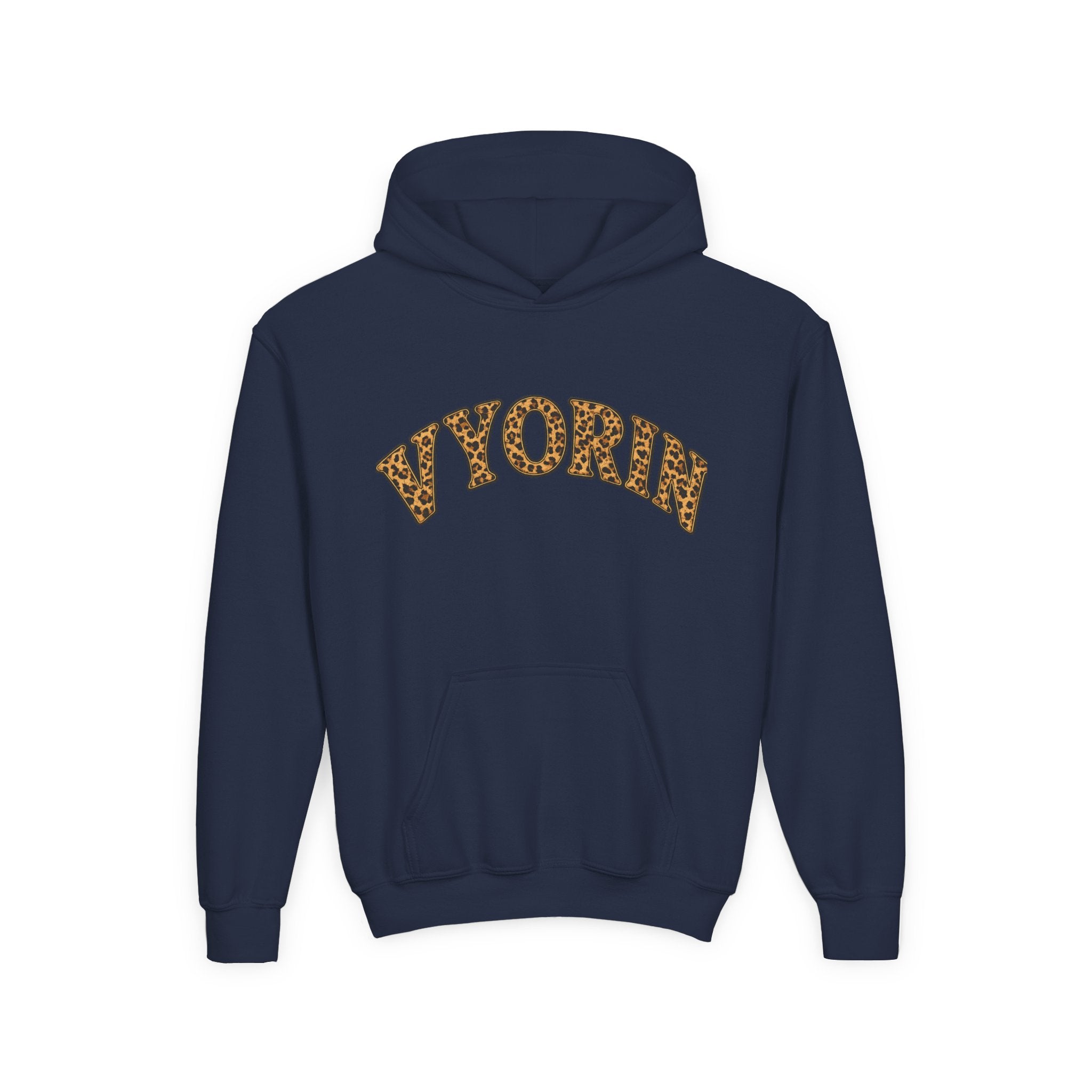 Youth Hoodie with Leopard Print 'VYORIN' Arch Logo - Trendy Kids Pullover