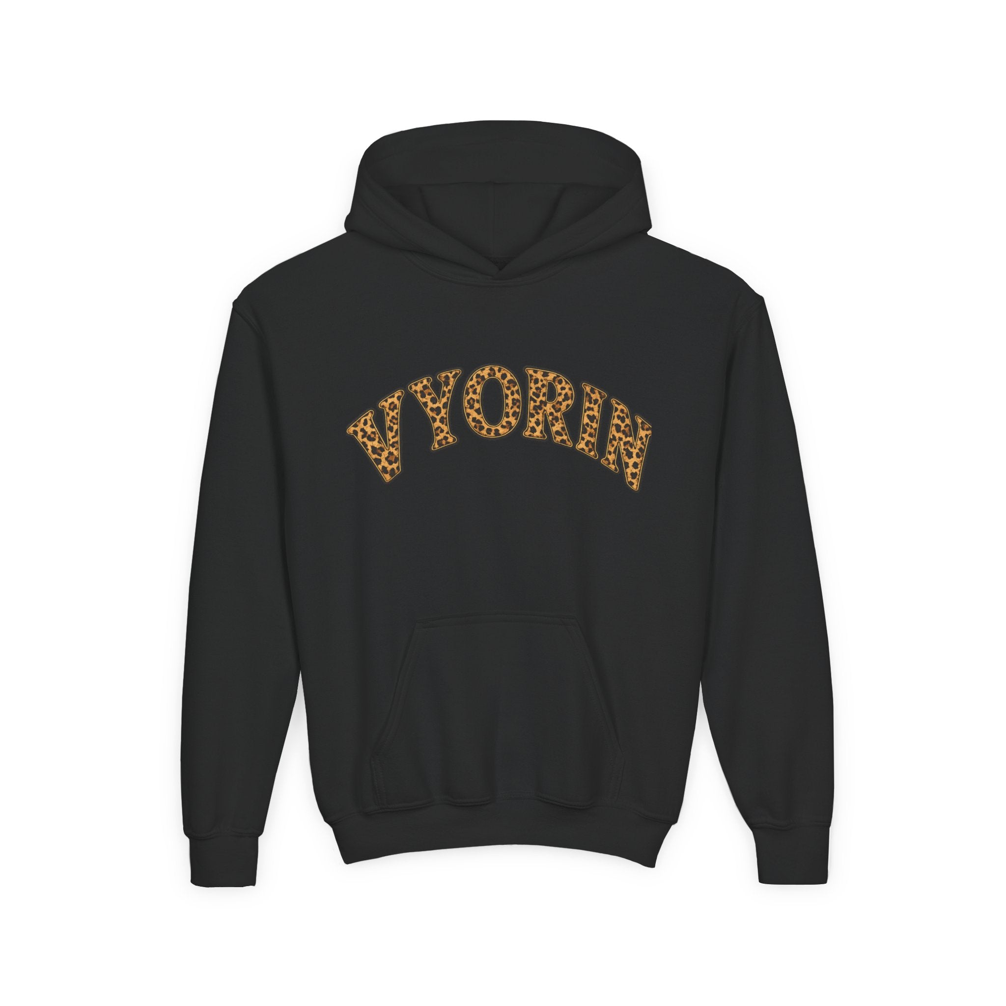 Youth Hoodie with Leopard Print 'VYORIN' Arch Logo - Trendy Kids Pullover