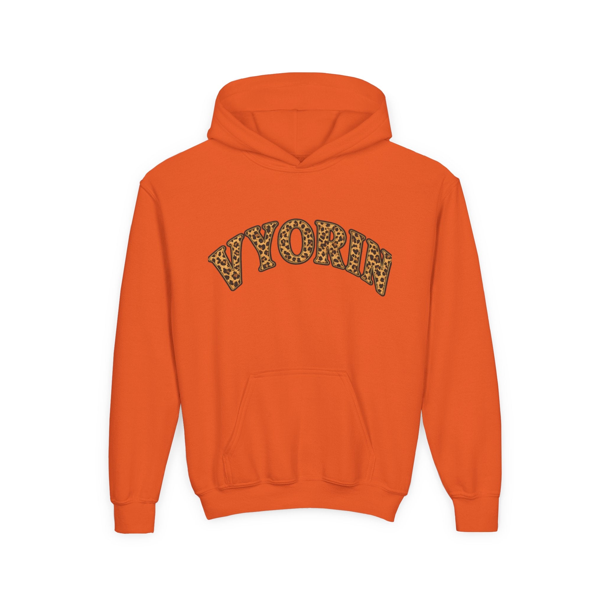 Youth Hoodie with Leopard Print 'VYORIN' Arch Logo - Trendy Kids Pullover