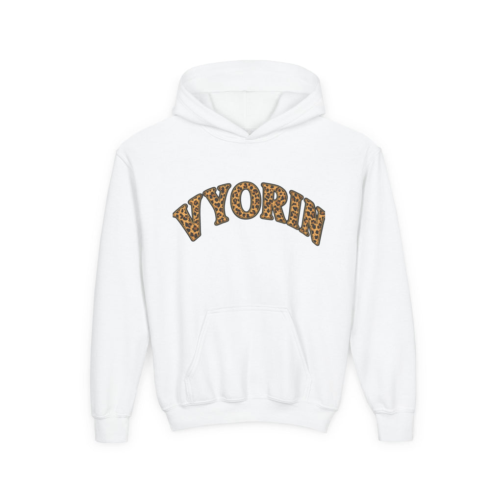 Youth Hoodie with Leopard Print 'VYORIN' Arch Logo - Trendy Kids Pullover