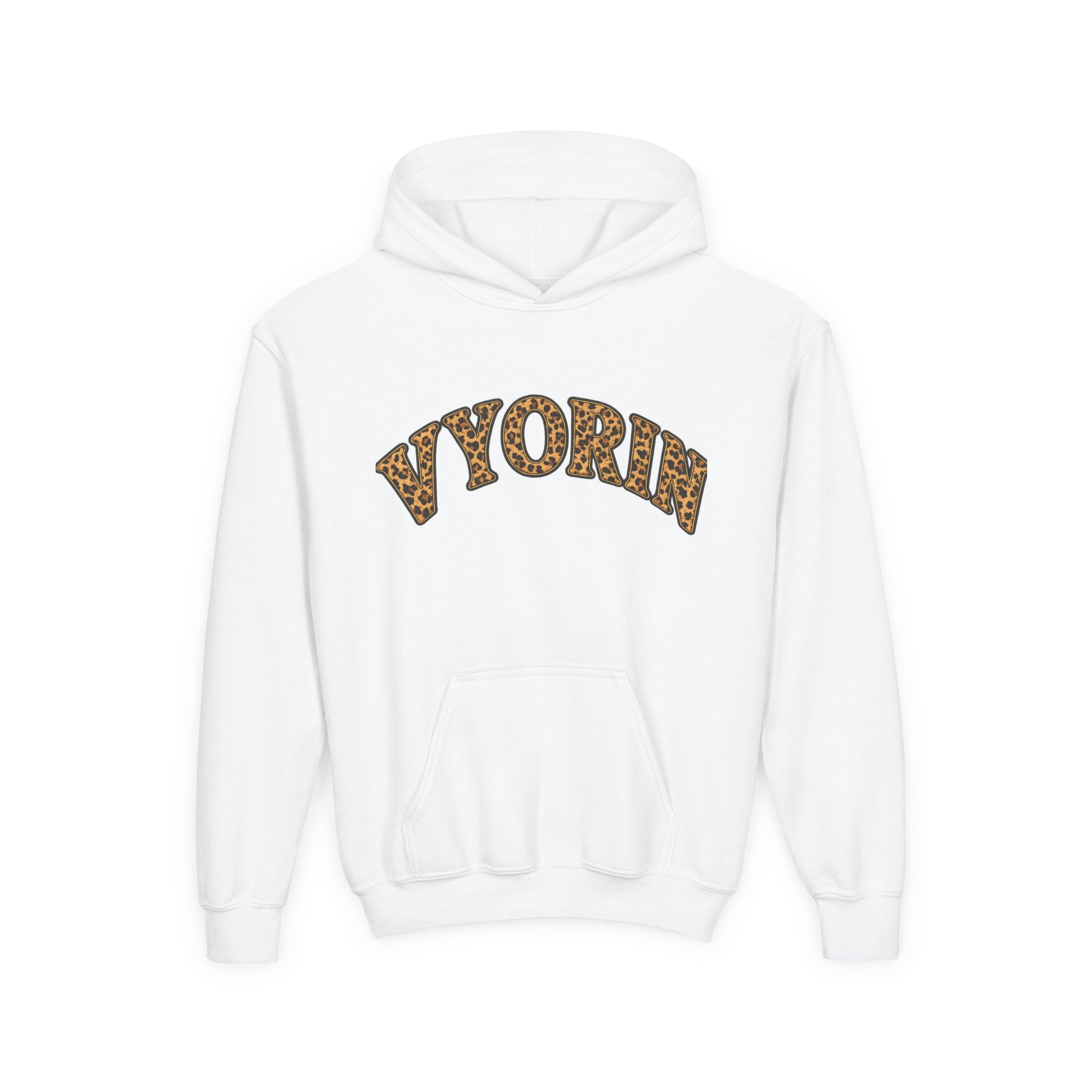 Youth Hoodie with Leopard Print 'VYORIN' Arch Logo - Trendy Kids Pullover