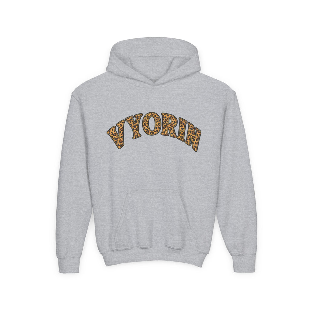 Youth Hoodie with Leopard Print 'VYORIN' Arch Logo - Trendy Kids Pullover