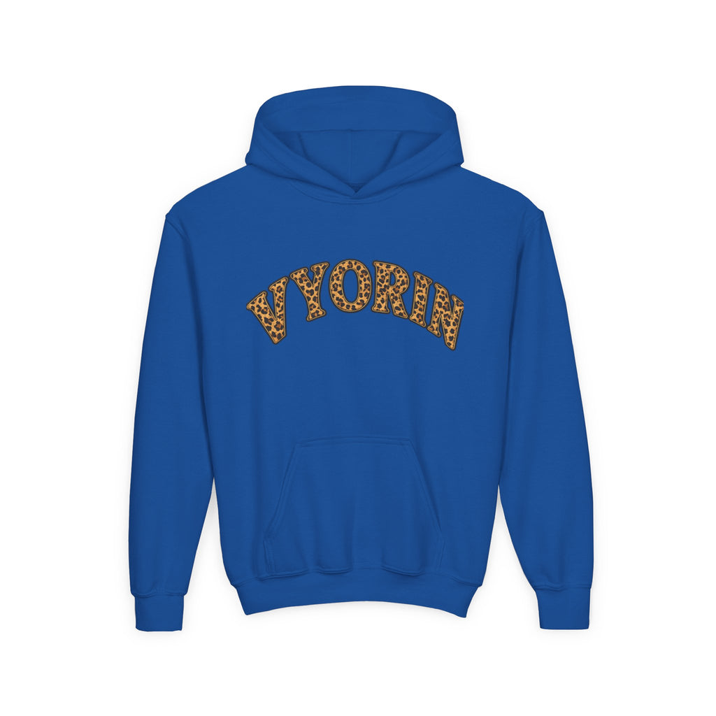 Youth Hoodie with Leopard Print 'VYORIN' Arch Logo - Trendy Kids Pullover