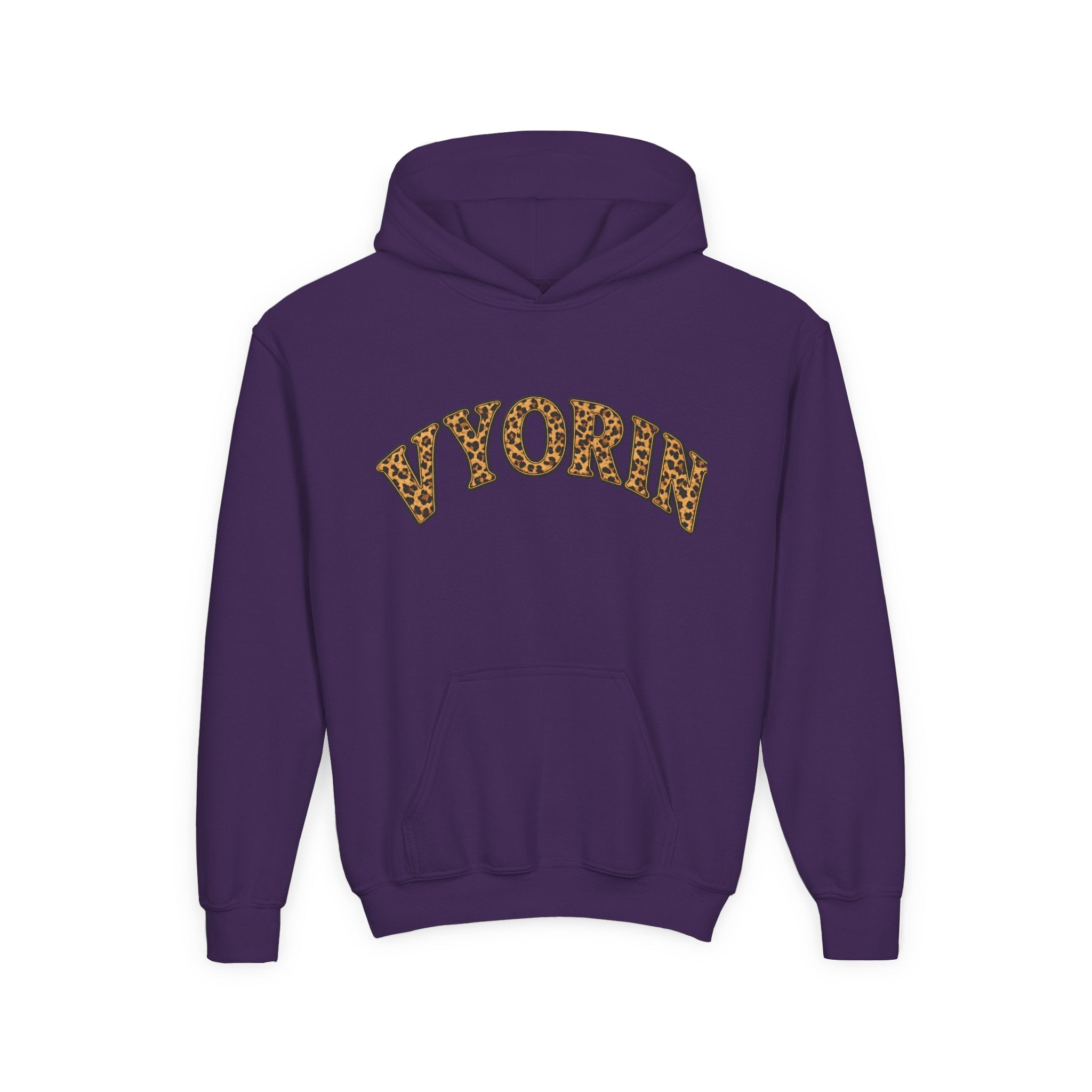 Youth Hoodie with Leopard Print 'VYORIN' Arch Logo - Trendy Kids Pullover