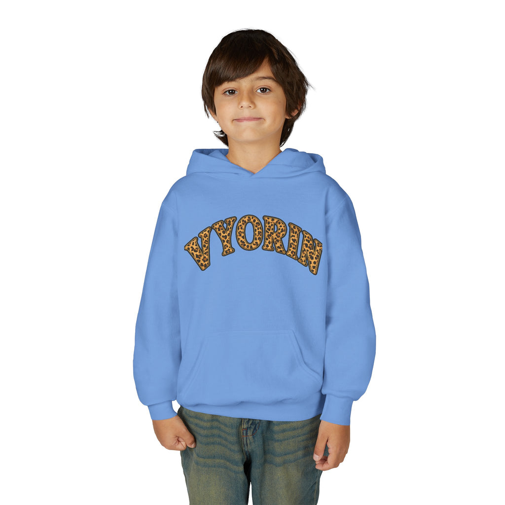 Youth Hoodie with Leopard Print 'VYORIN' Arch Logo - Trendy Kids Pullover