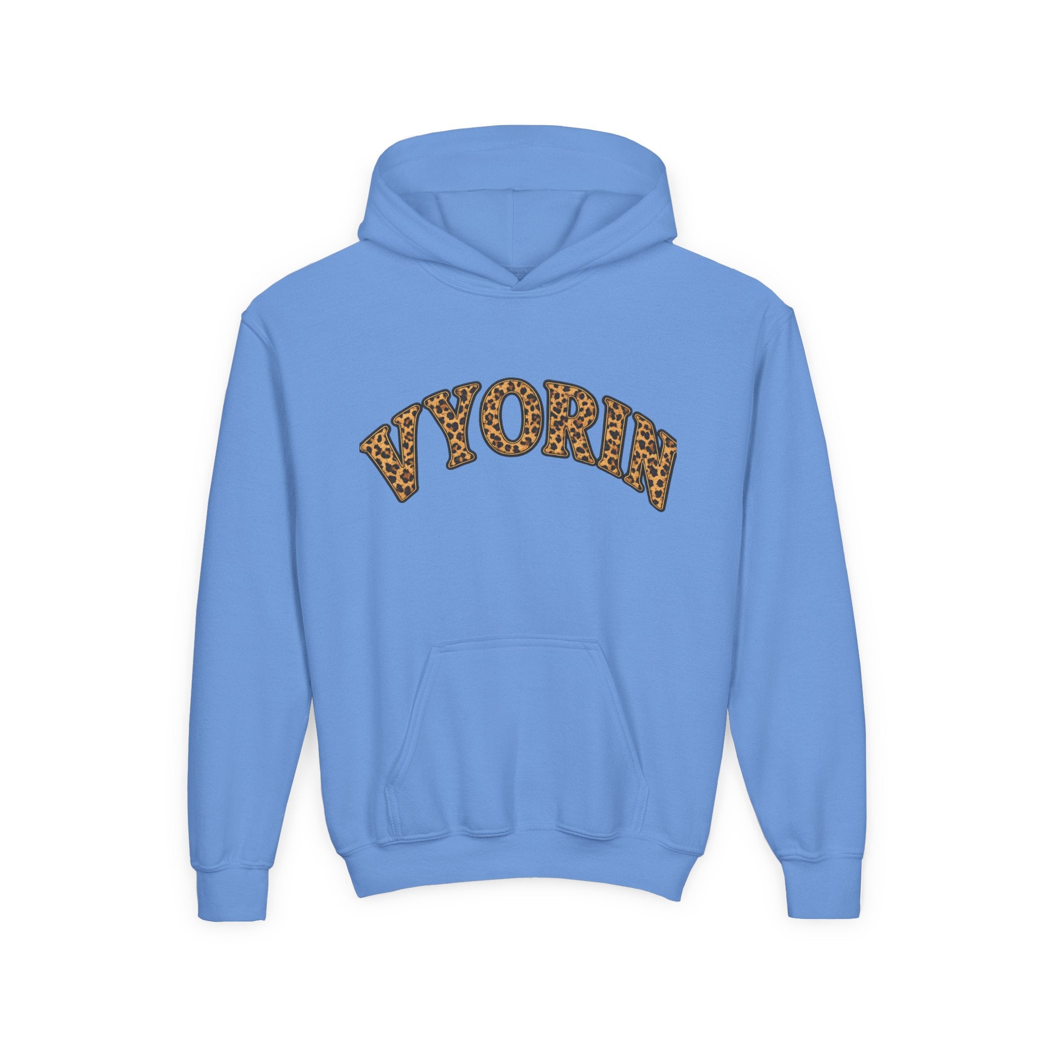 Youth Hoodie with Leopard Print 'VYORIN' Arch Logo - Trendy Kids Pullover