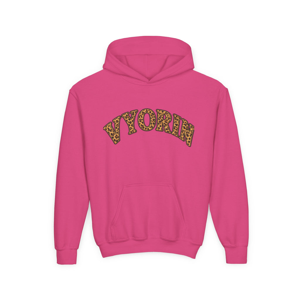 Youth Hoodie with Leopard Print 'VYORIN' Arch Logo - Trendy Kids Pullover