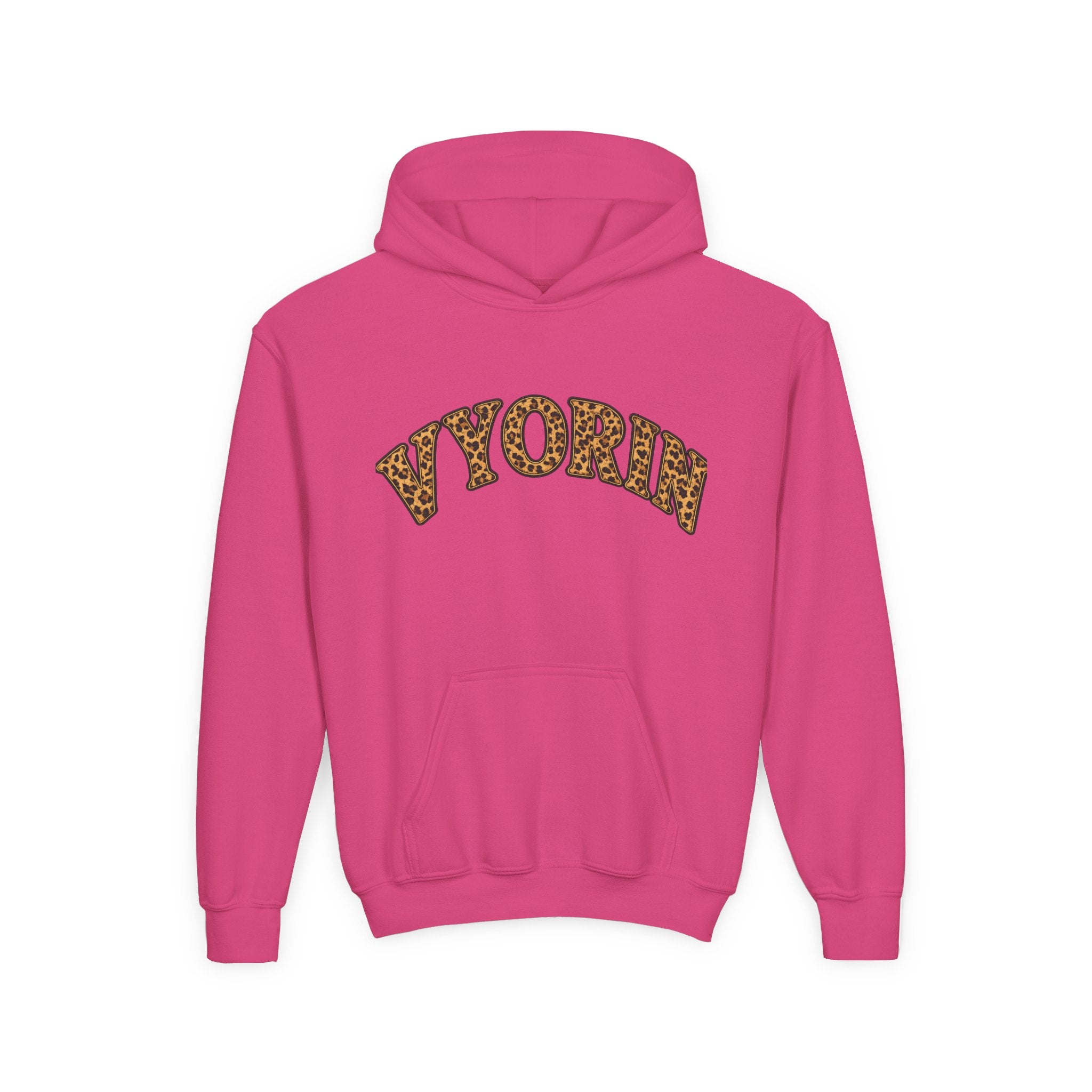 Youth Hoodie with Leopard Print 'VYORIN' Arch Logo - Trendy Kids Pullover