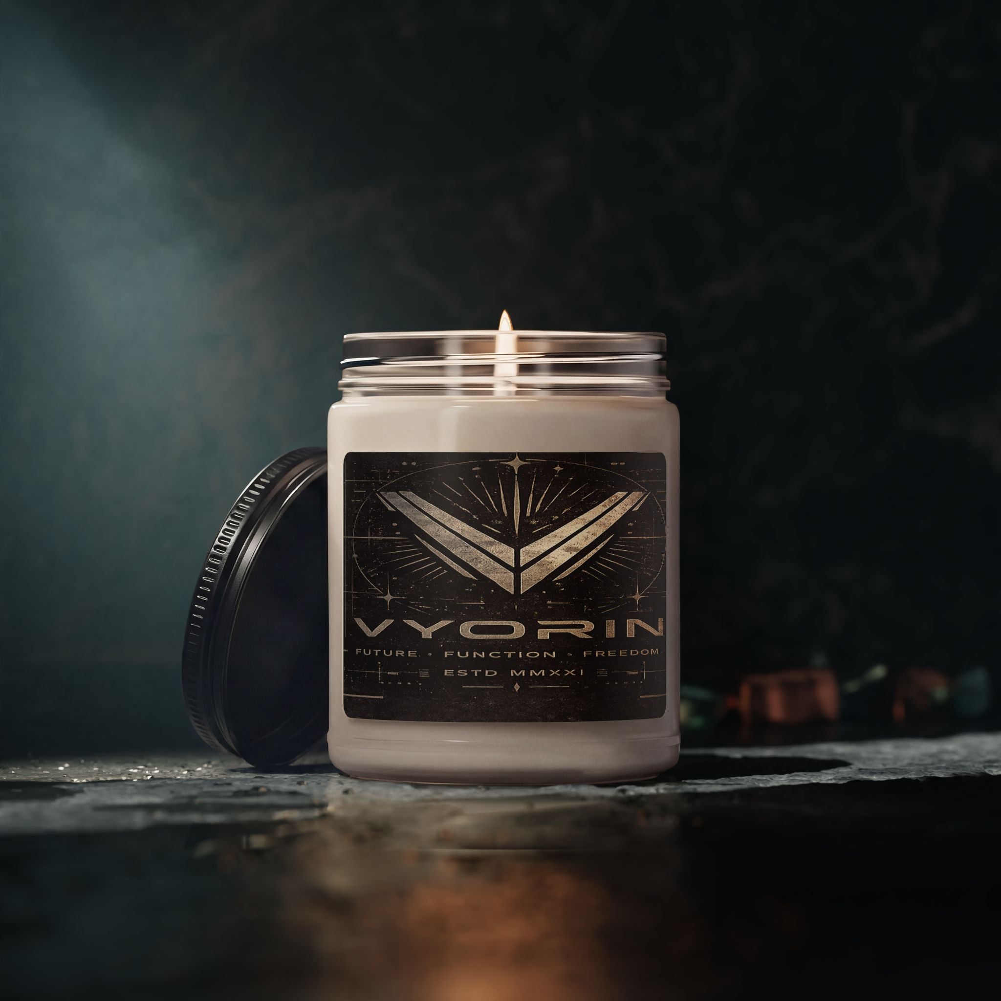 Candle — Vyorin Logo Scented Soy Candle (9 oz) — Clean, Herbal Fragrance for Home & Gifts